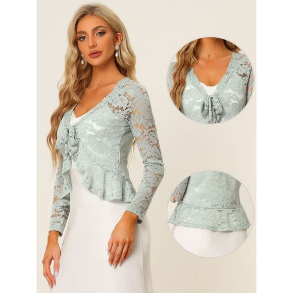 Floral Lace Shrug Tie Front Top Ruffled Hem Sheer Crop Bolero Cardigan Grey - Picture 2 of 6